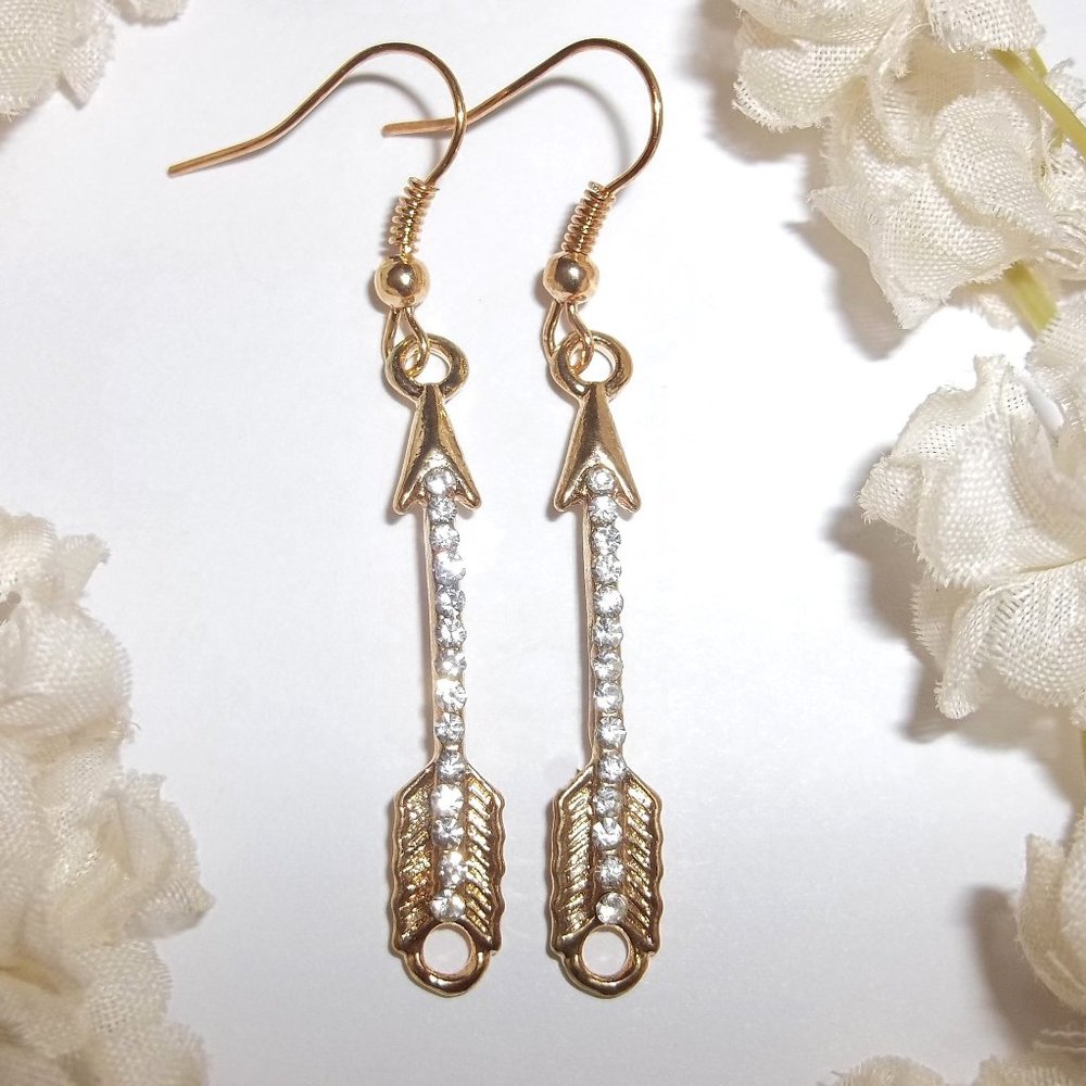 Gold Arrow Earrings With Sparkly Faux White Diamond Rhinestones Dangle Drop C550
